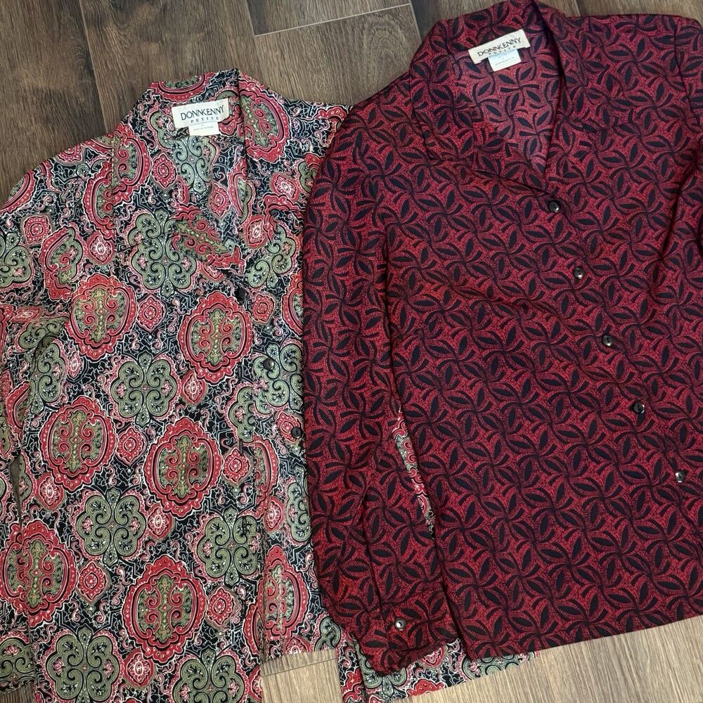 Lot of 2 Donnkenny Petite Blouses Size PL Vintage Polyester Button Front Shirts